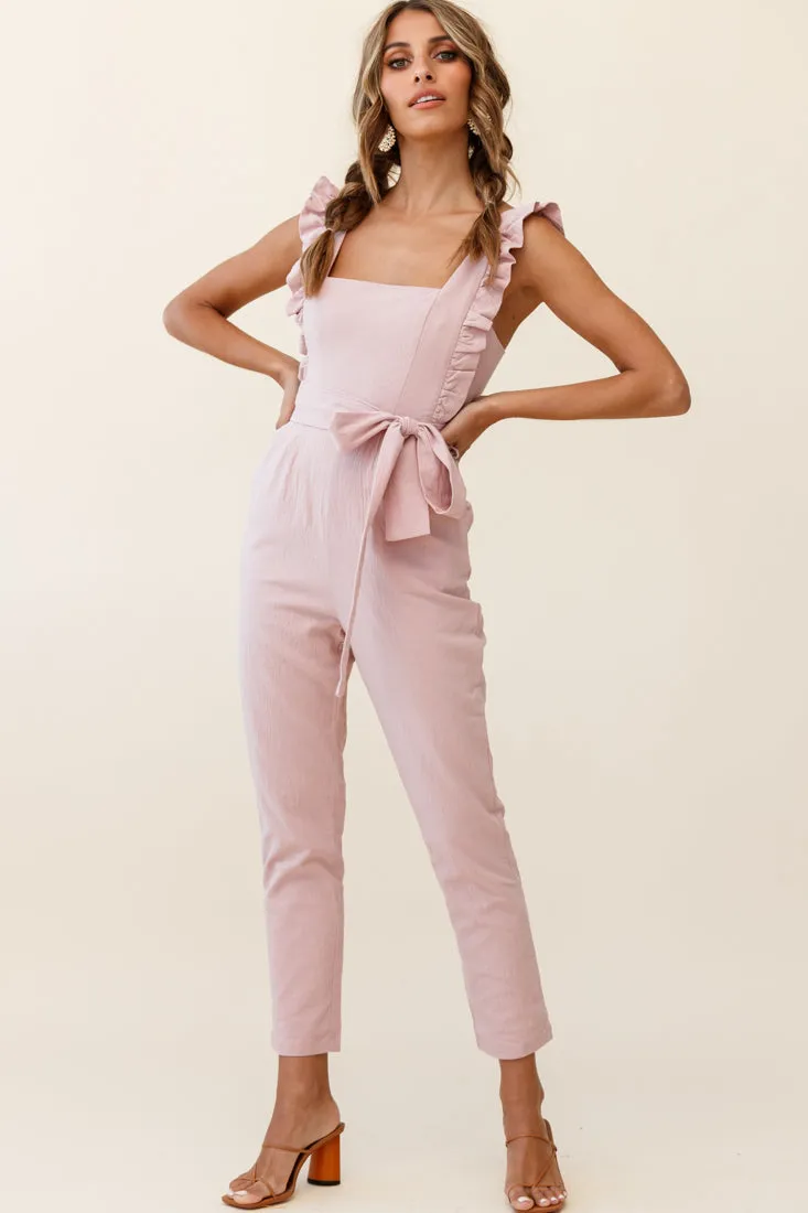 All For Love Square Neckline Ruffle Strap Jumpsuit Blush