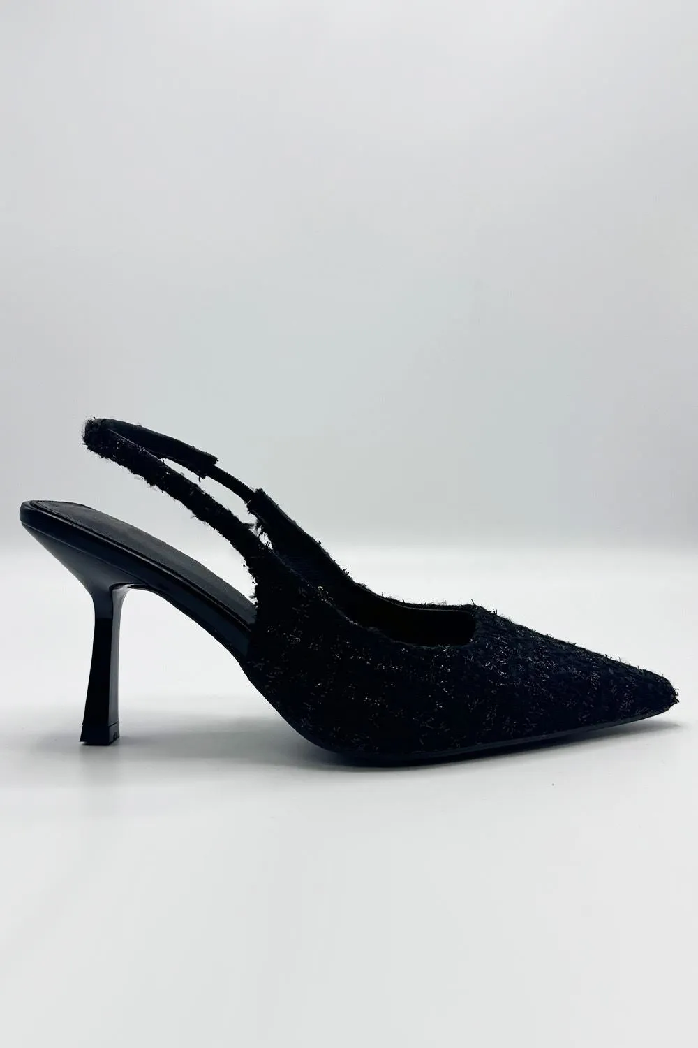 Cher Pointed Toe Tweed Sling back Court Shoe in Black