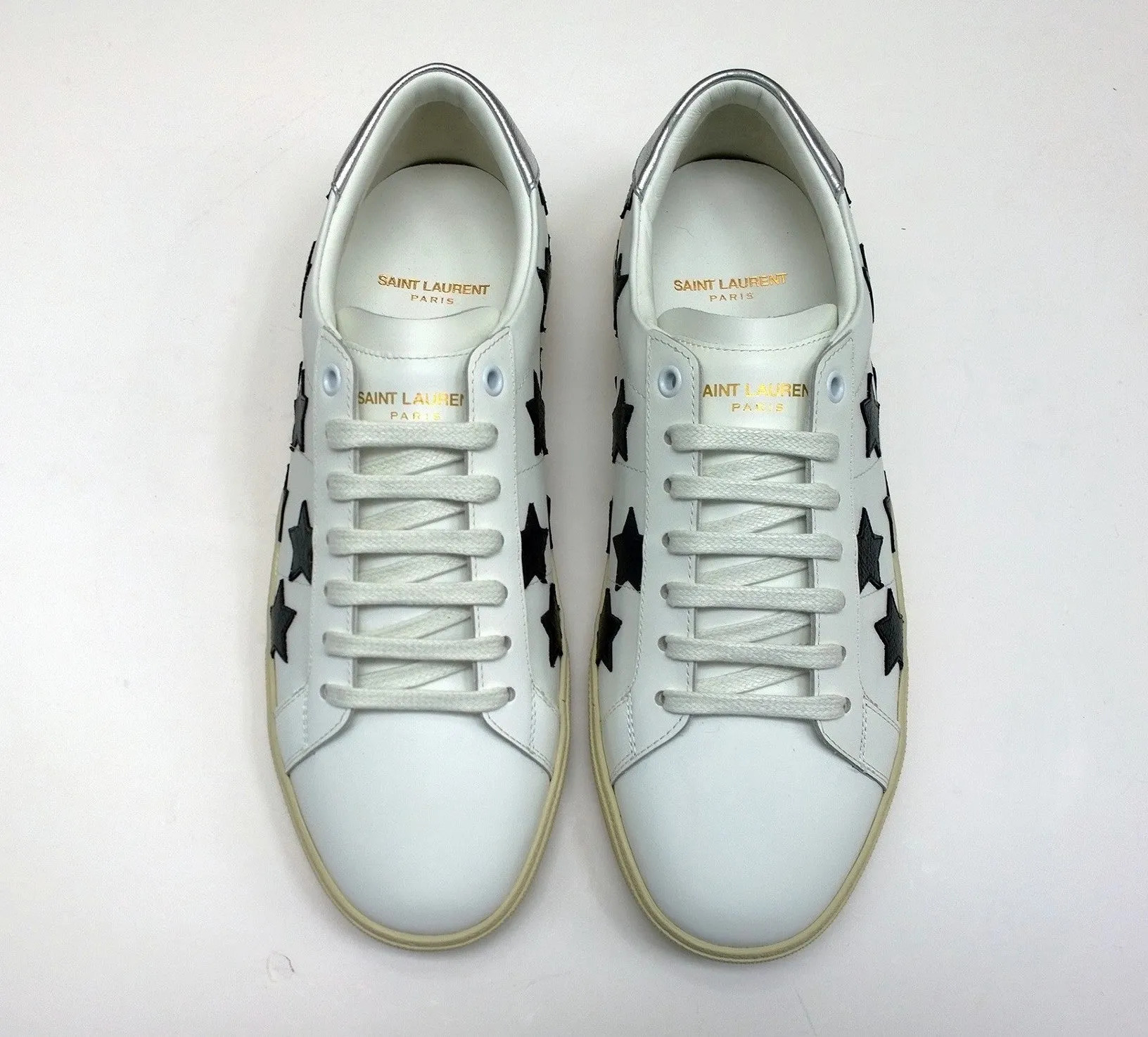 Saint Laurent Court Classic White Leather Sneakers with Black Stars