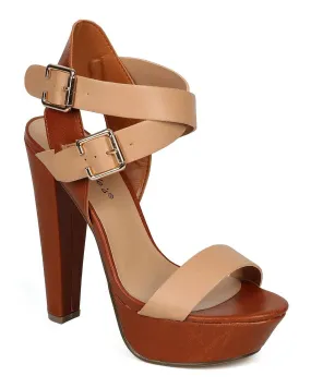 Two Tone Open Toe Cross Ankle Strap Chunky Heel Natural