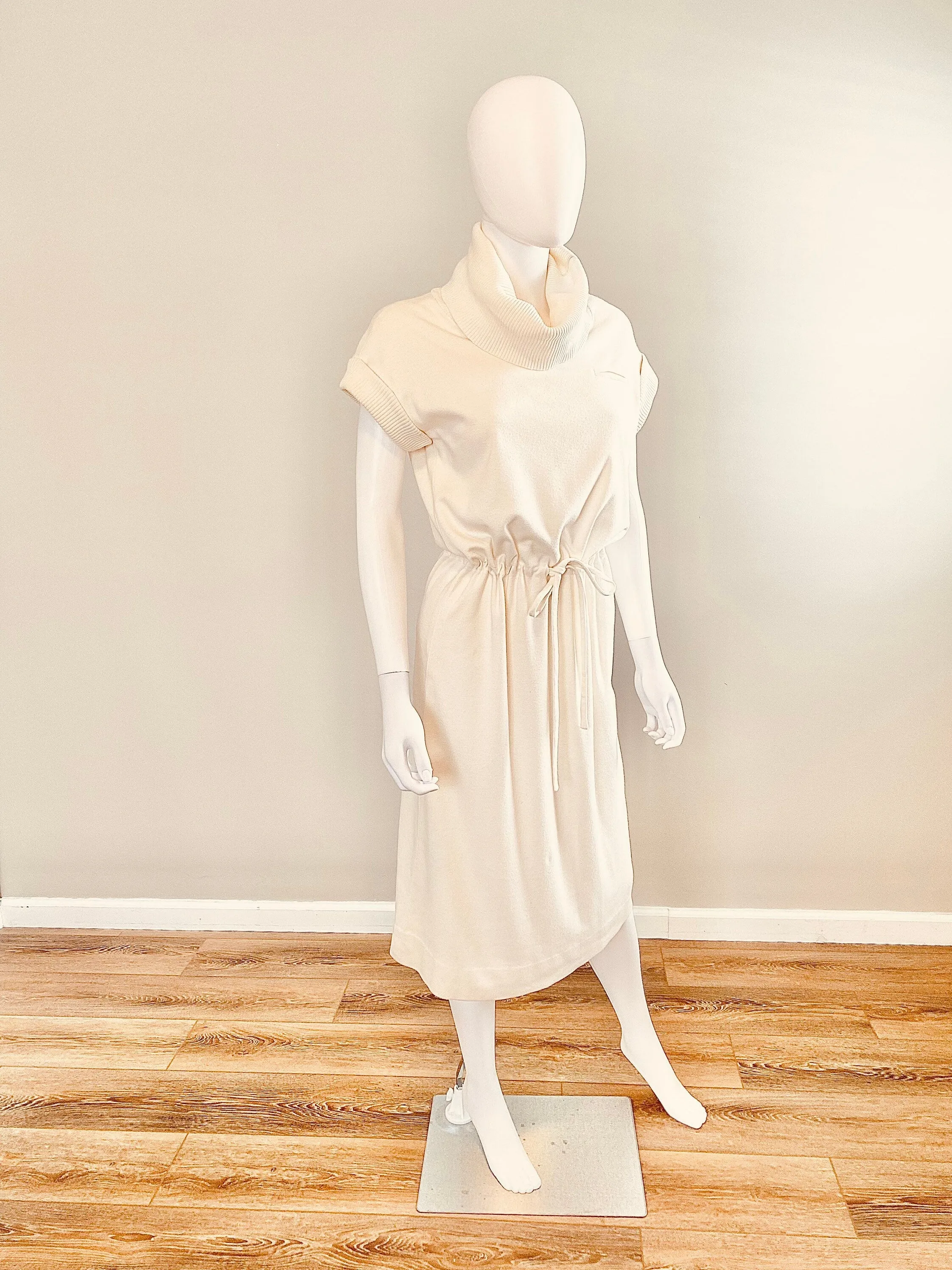 Vintage 1960s Cream Shirt Dress / 60s Kimberly Cowl Neck Cotton Dress / Size S M